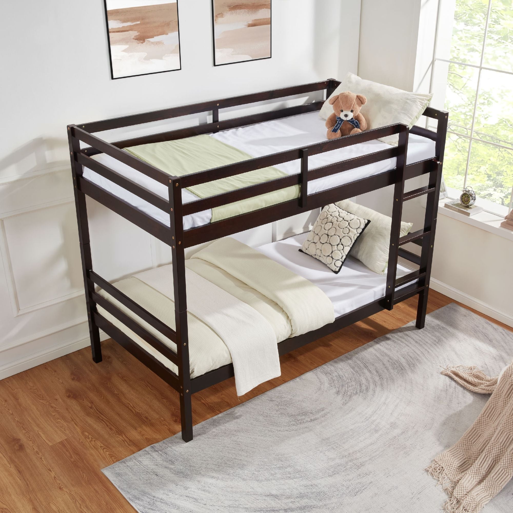 Twin Over Twin Wood Bunk Bed with Ladder & Safety Rails - Espresso - Just Better Bunk Beds