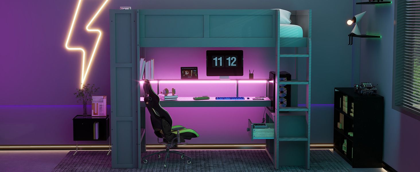 Twin Loft Bed with Desk & Shelves - Gray - Just Better Bunk Beds