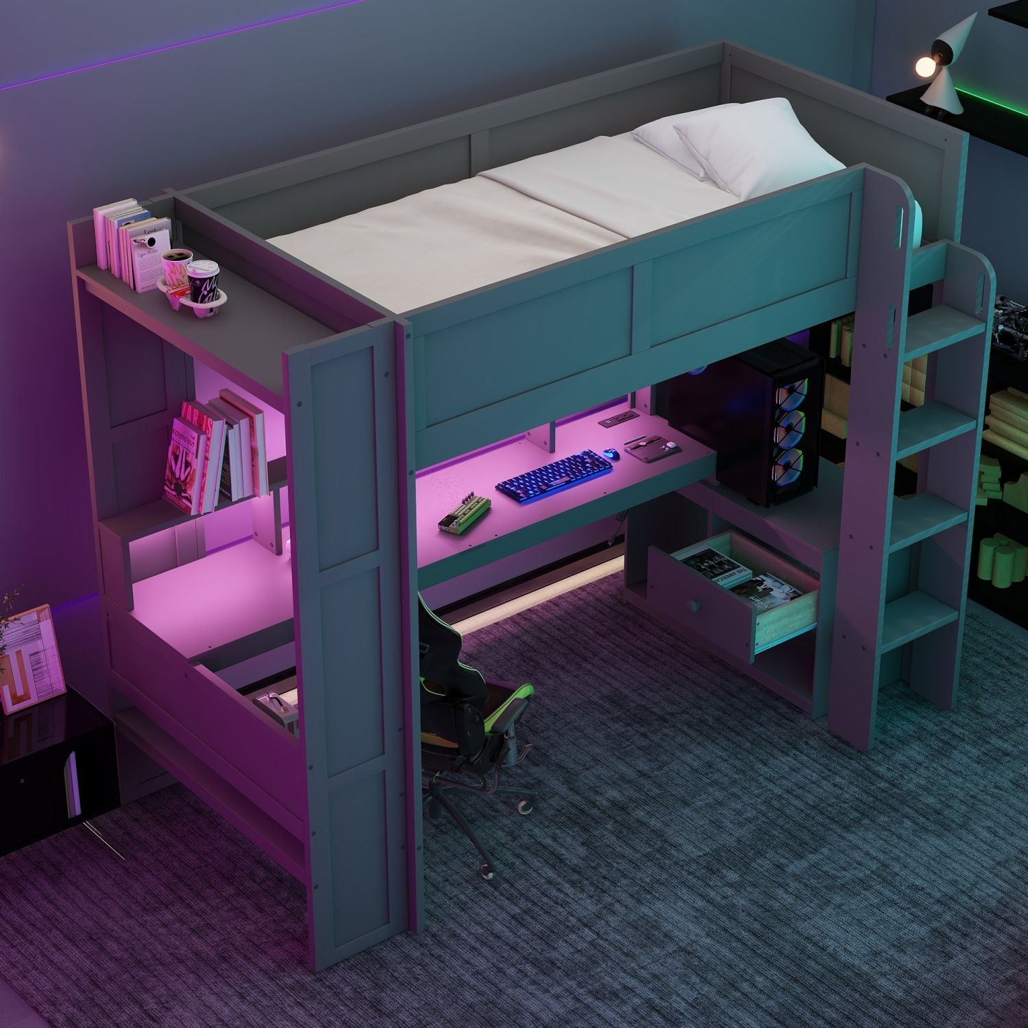 Twin Loft Bed with Desk & Shelves - Gray - Just Better Bunk Beds