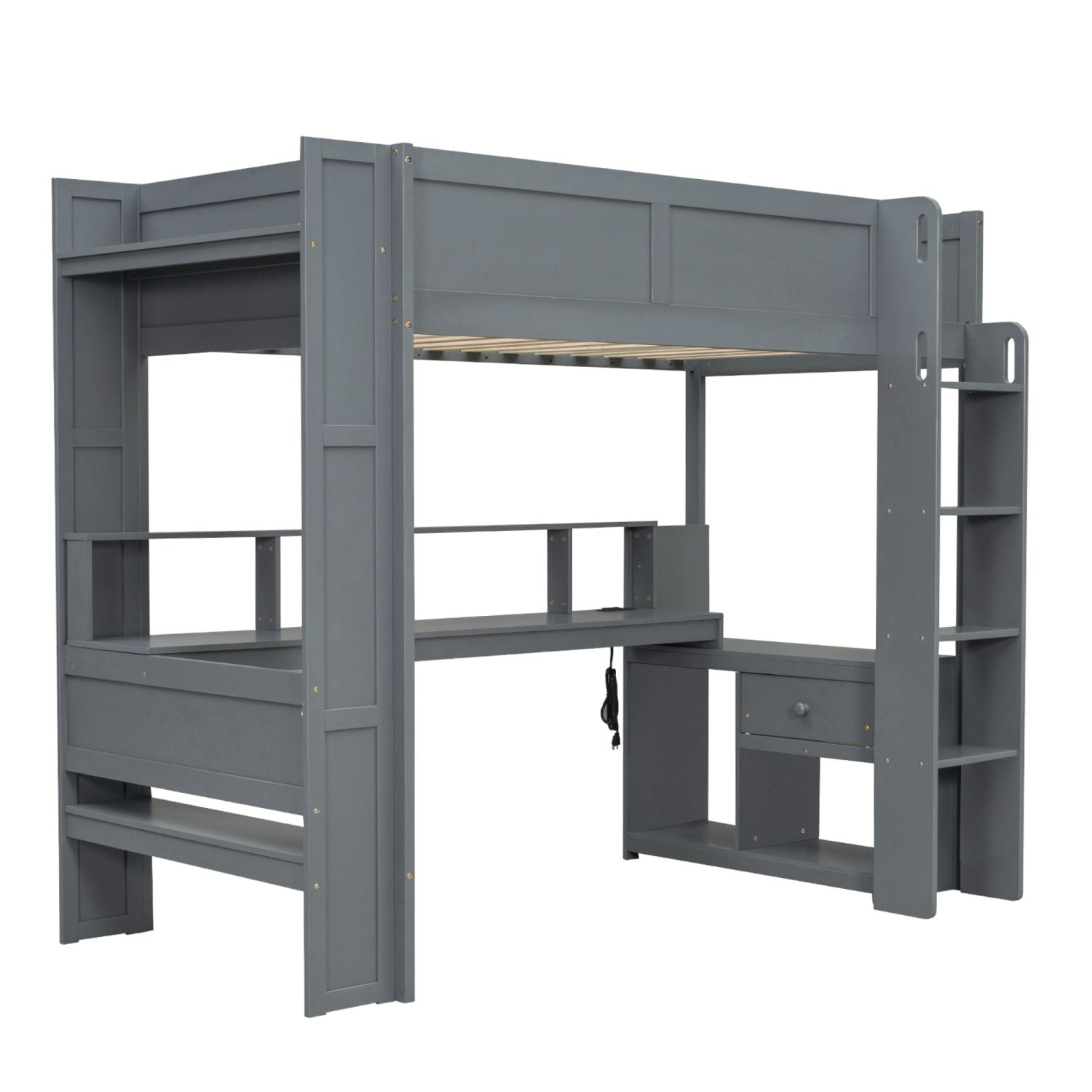 Twin Loft Bed with Desk & Shelves - Gray - Just Better Bunk Beds