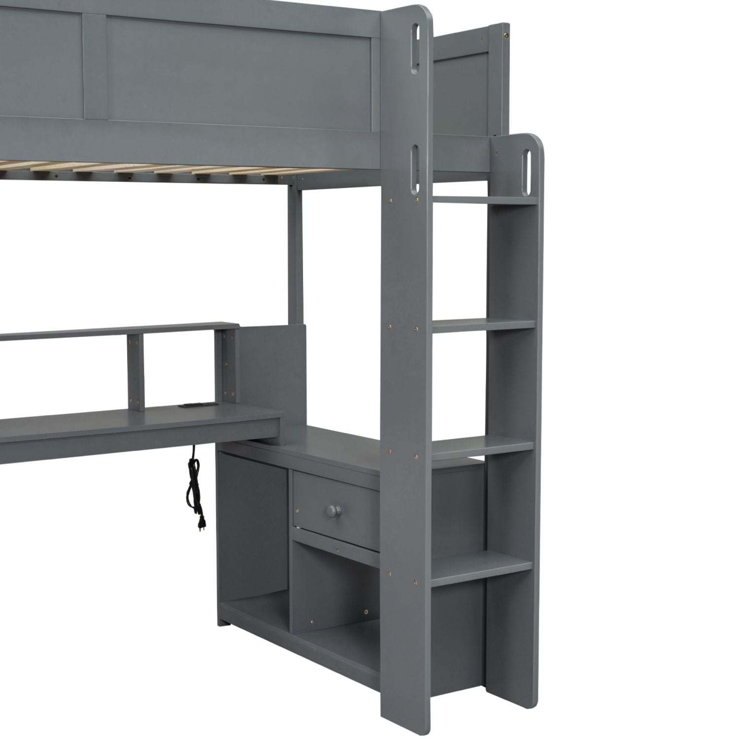 Twin Loft Bed with Desk & Shelves - Gray - Just Better Bunk Beds