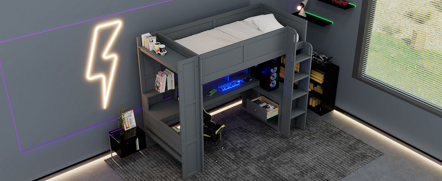 Twin Loft Bed with Desk & Shelves - Gray - Just Better Bunk Beds