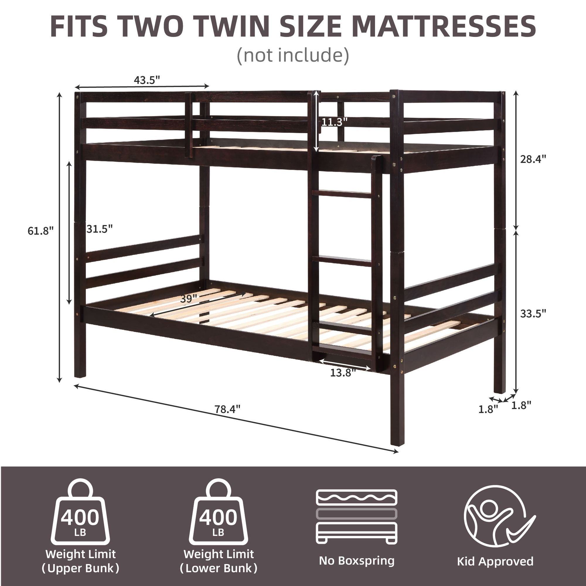 Twin Over Twin Wood Bunk Bed with Ladder & Safety Rails - Espresso - Just Better Bunk Beds