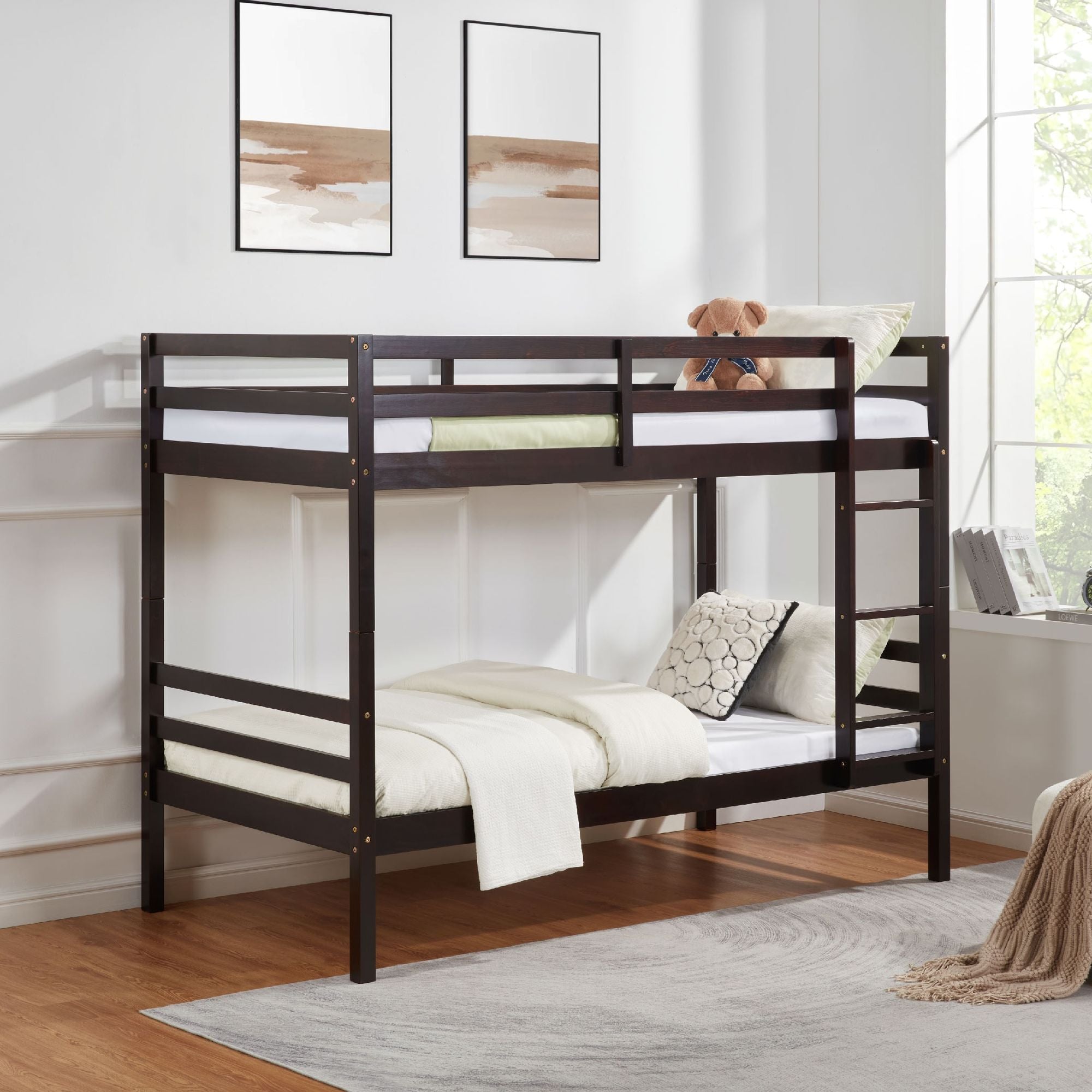 Twin Over Twin Wood Bunk Bed with Ladder & Safety Rails - Espresso - Just Better Bunk Beds