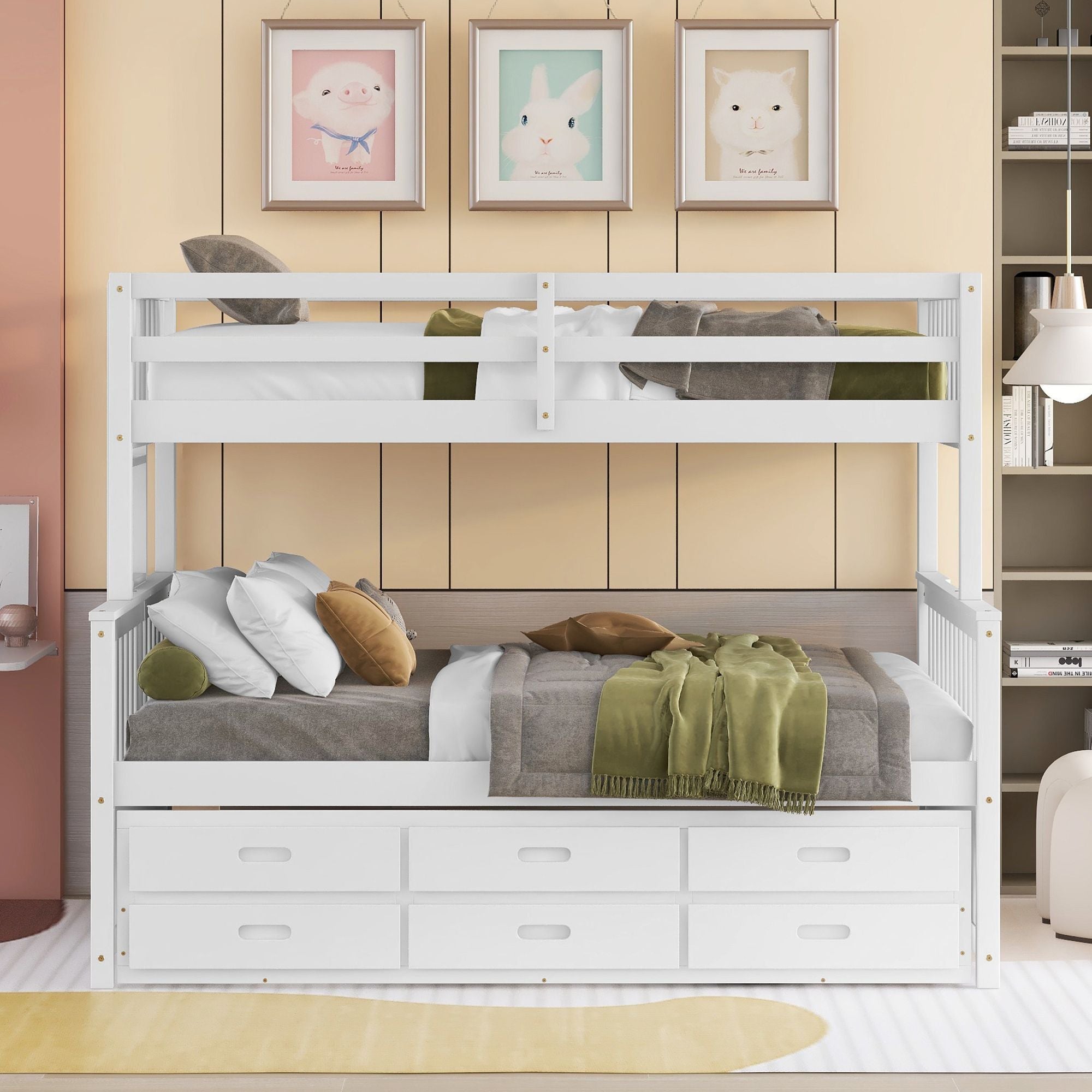 Twin Over Full Bunk Bed with Drawers & Trundle - White - Just Better Bunk Beds