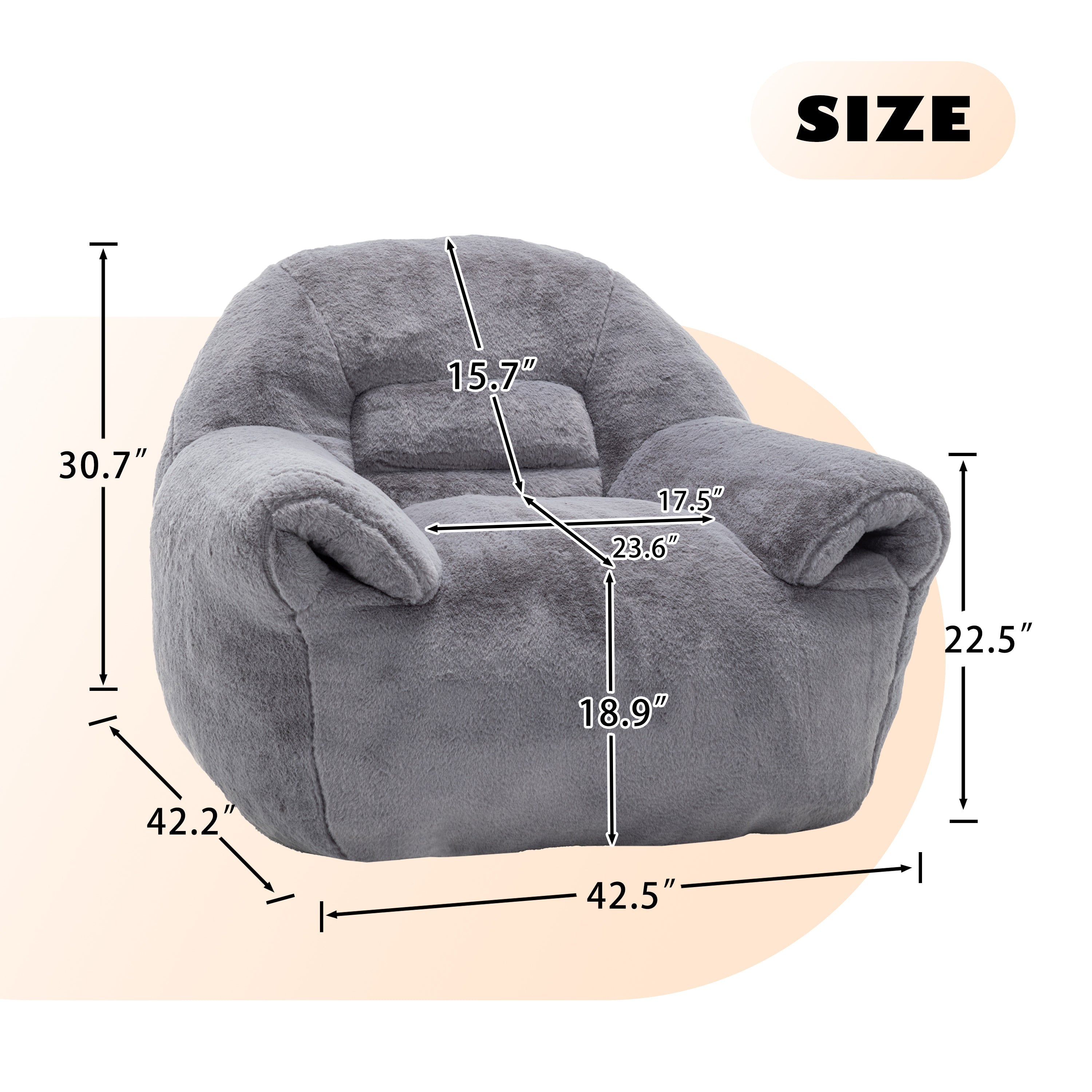 Grey Faux Fur Bean Bag Chair with Back Support for Adults & Kids