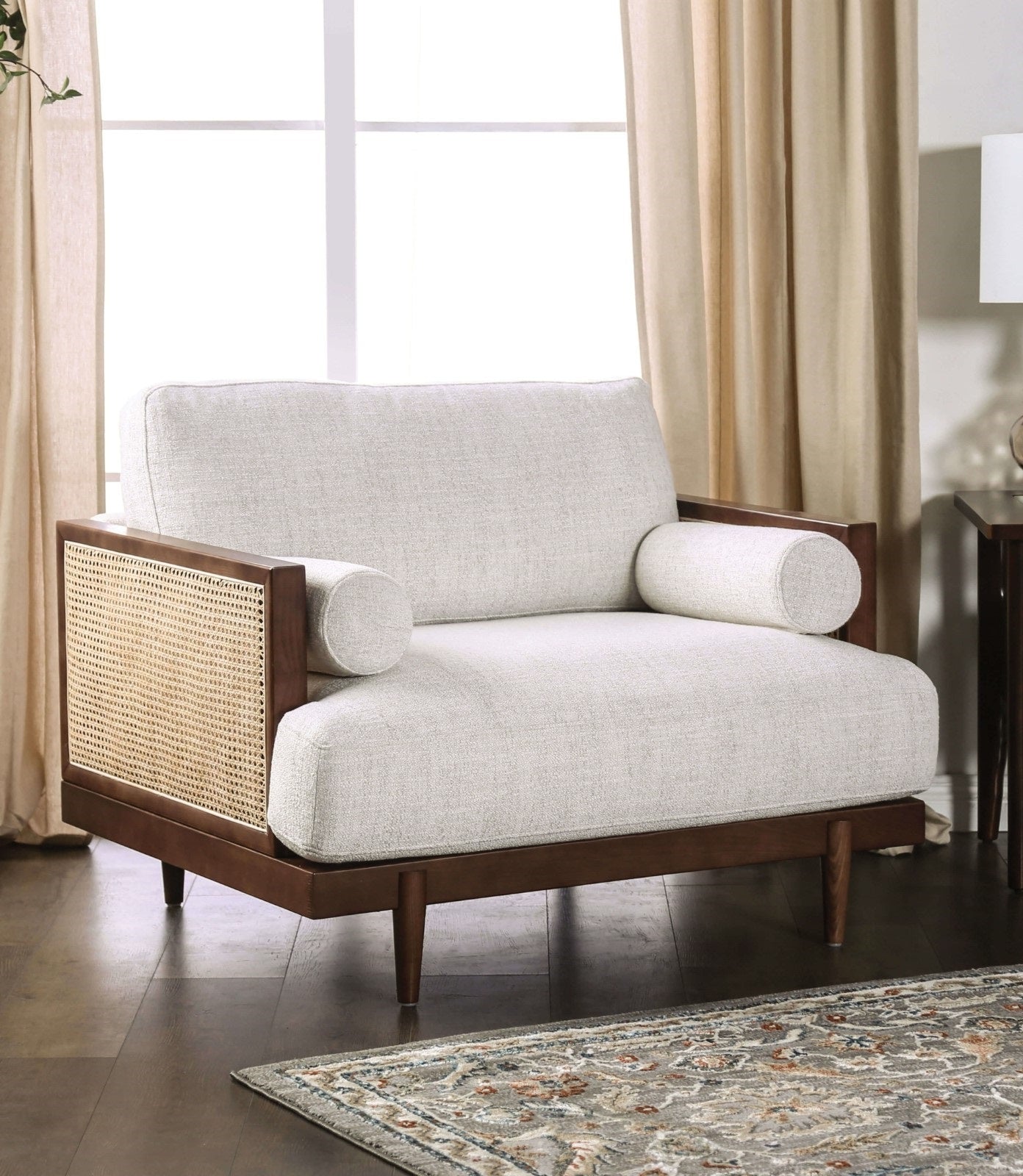 Beige Walnut Mid-Century Modern Chair with Tapered Legs & Pillows
